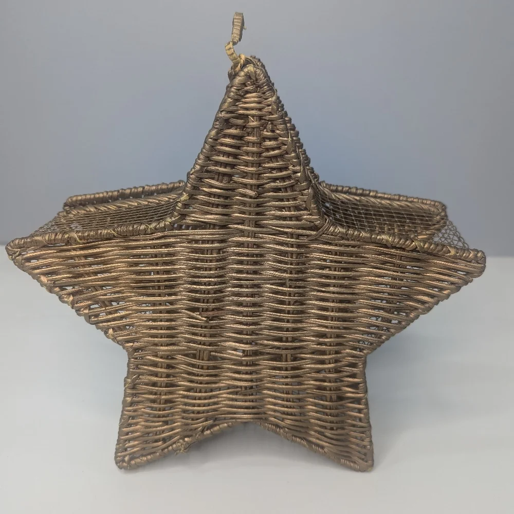 Vintage Star Shaped Basket Wicker and Wire Metallic Gold with Lid